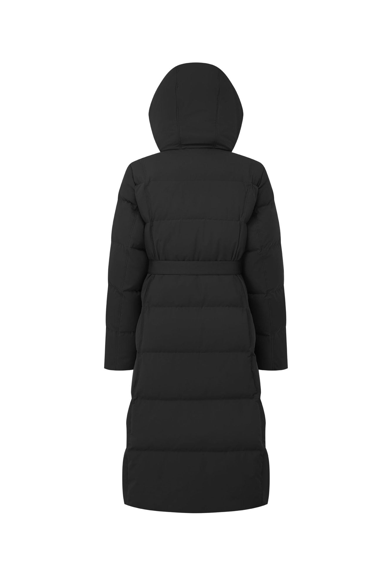Back view of black long puffer coat with hood and waist belt, full length