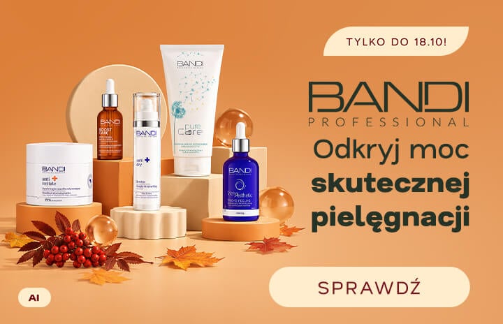 Bandi Professional — kolekcja pielęgnacyjna w opakowaniach na pomarańczowym tle z liśćmi
