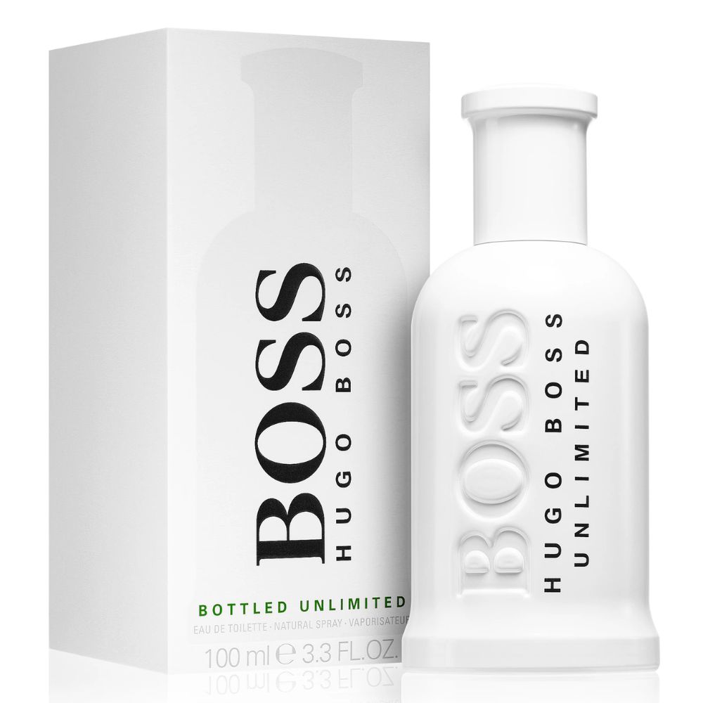 Białe perfumy Hugo Boss Bottled Unlimited w minimalistycznym opakowaniu i flakonie
