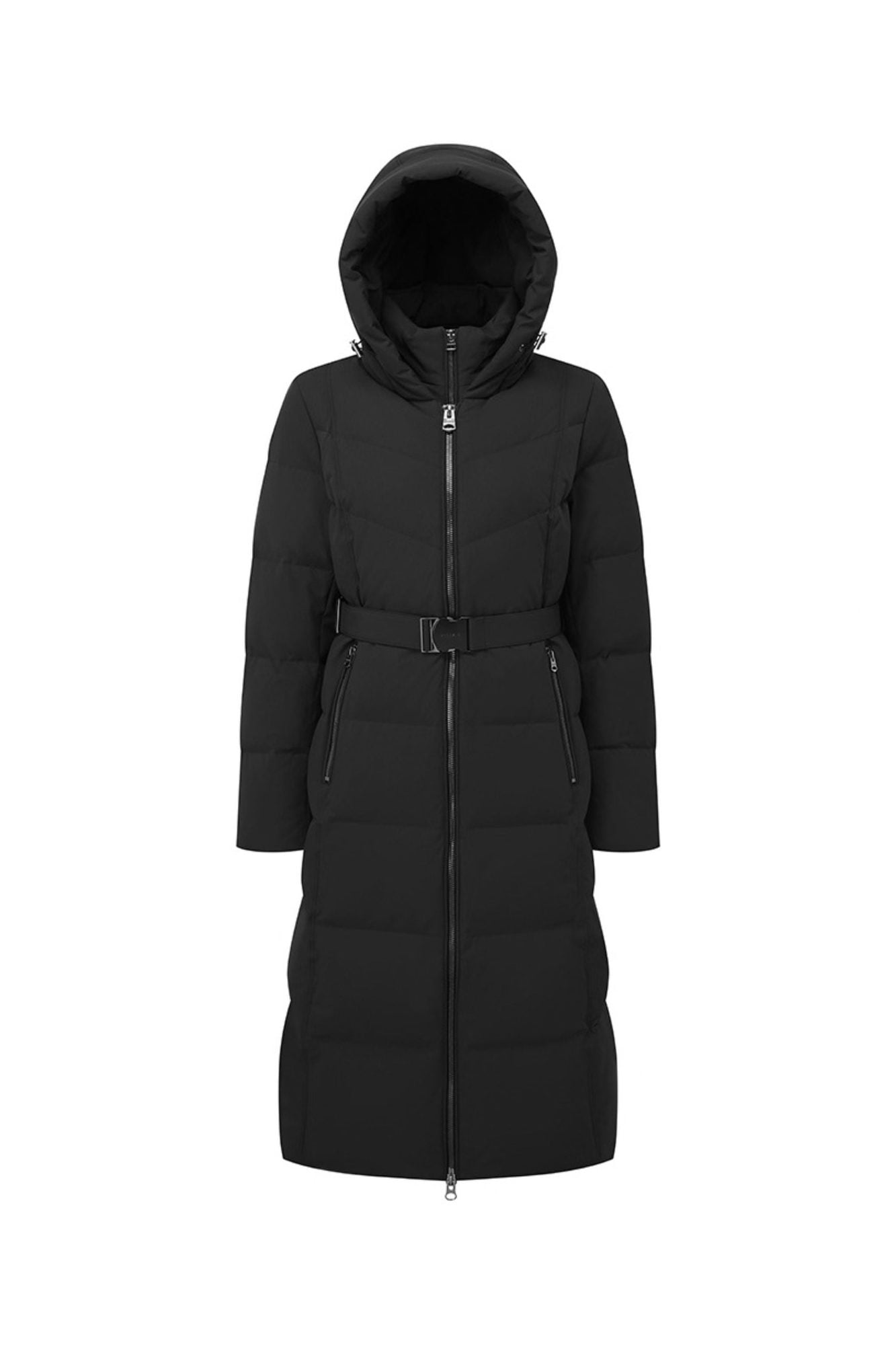 Front view of black long puffer coat with hood, full-length zip, and waist belt