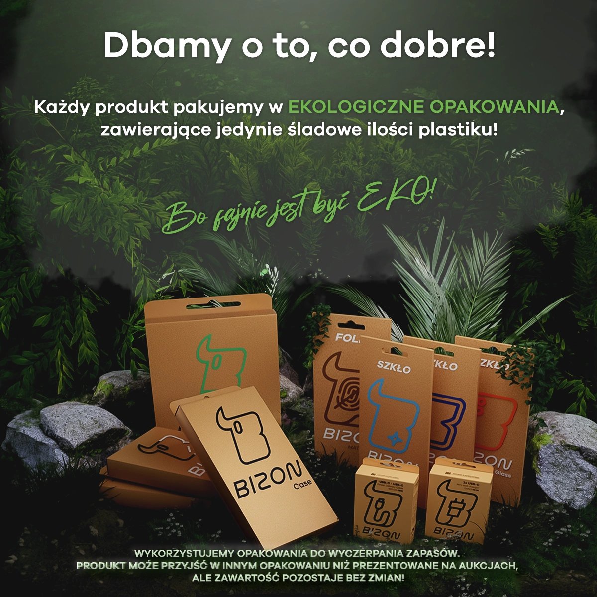 Ekologiczne opakowania kartonowe produktów Bizon rozstawione między kamieniami i roślinami