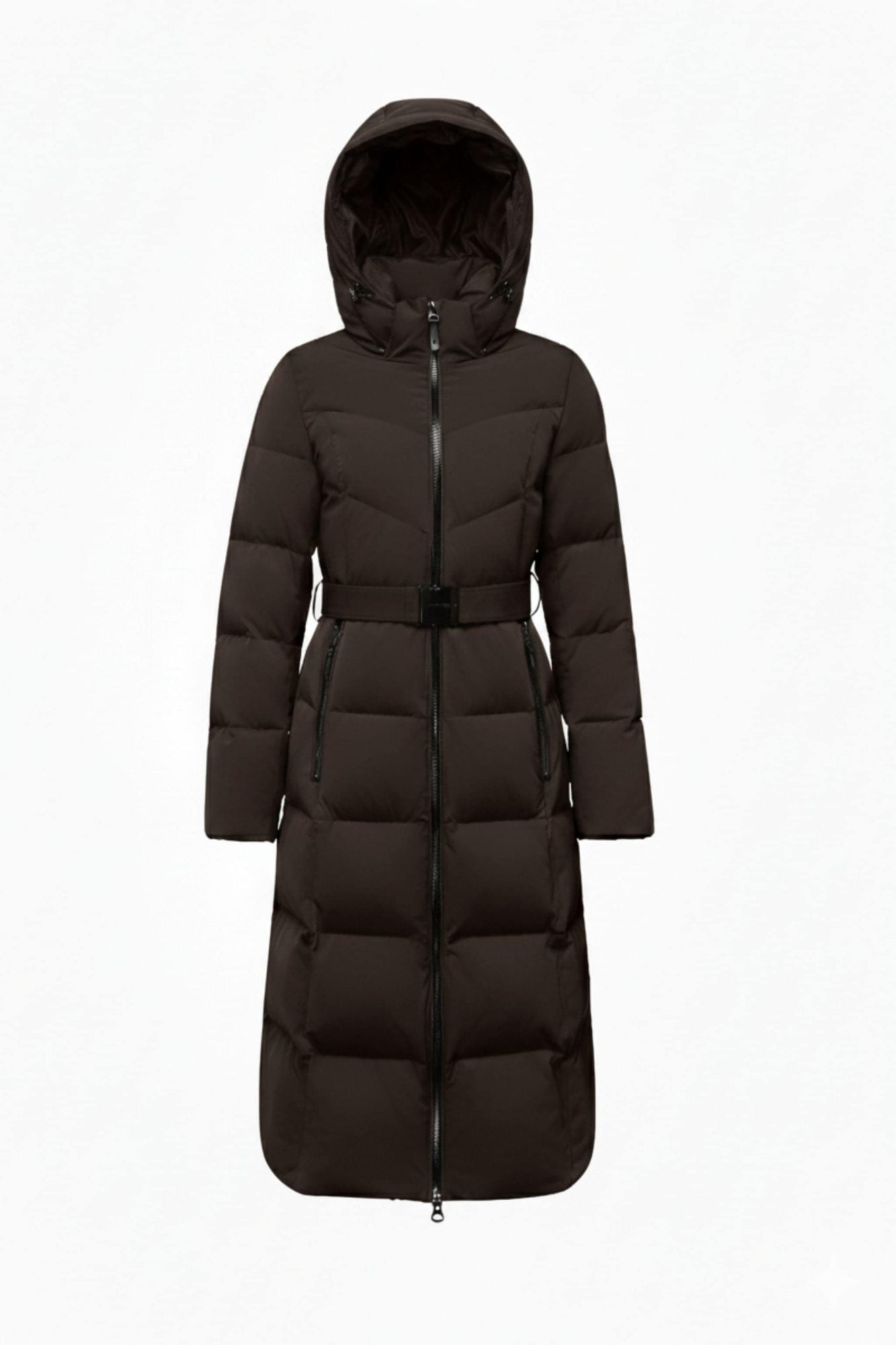 Full-length brown long puffer coat with hood, belted waist, and quilted sections throughout
