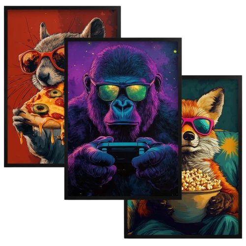 Trzy kolorowe plakaty z portretami zwierząt w okularach przeciwsłonecznych i neonowymi efektami w stylu pop-art