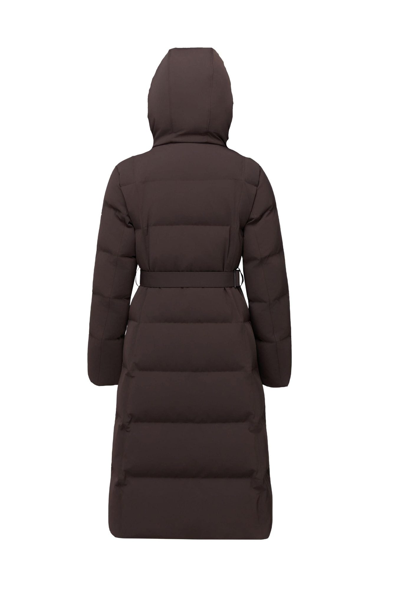 Back view of brown puffer coat with hood, showing quilted pattern and belted waist detail