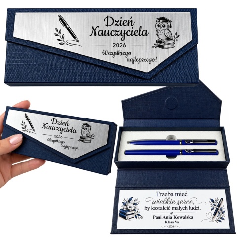 Granatowe etui z dwoma niebieskimi długopisami i personalizowaną kartą podziękowania dla nauczyciela