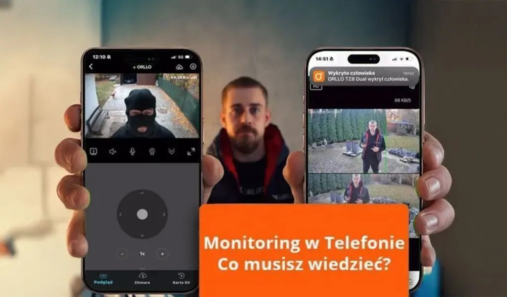 Dwa smartfony wyświetlające monitoring na żywo z aplikacji - widok intruza w masce na lewym ekranie i kobieta na posesji na ekranie prawym