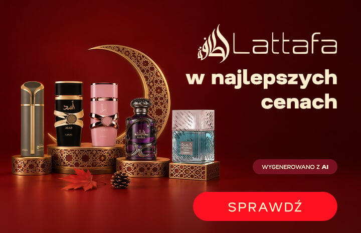 Lattafa — luksusowe perfumy i kosmetyki w złotych opakowaniach na bordowym tle z księżycem