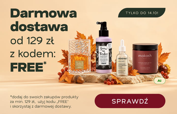 Darmowa dostawa od 129 zł — kosmetyki jesienne na beżowym tle z kodempromocyjnym FREE