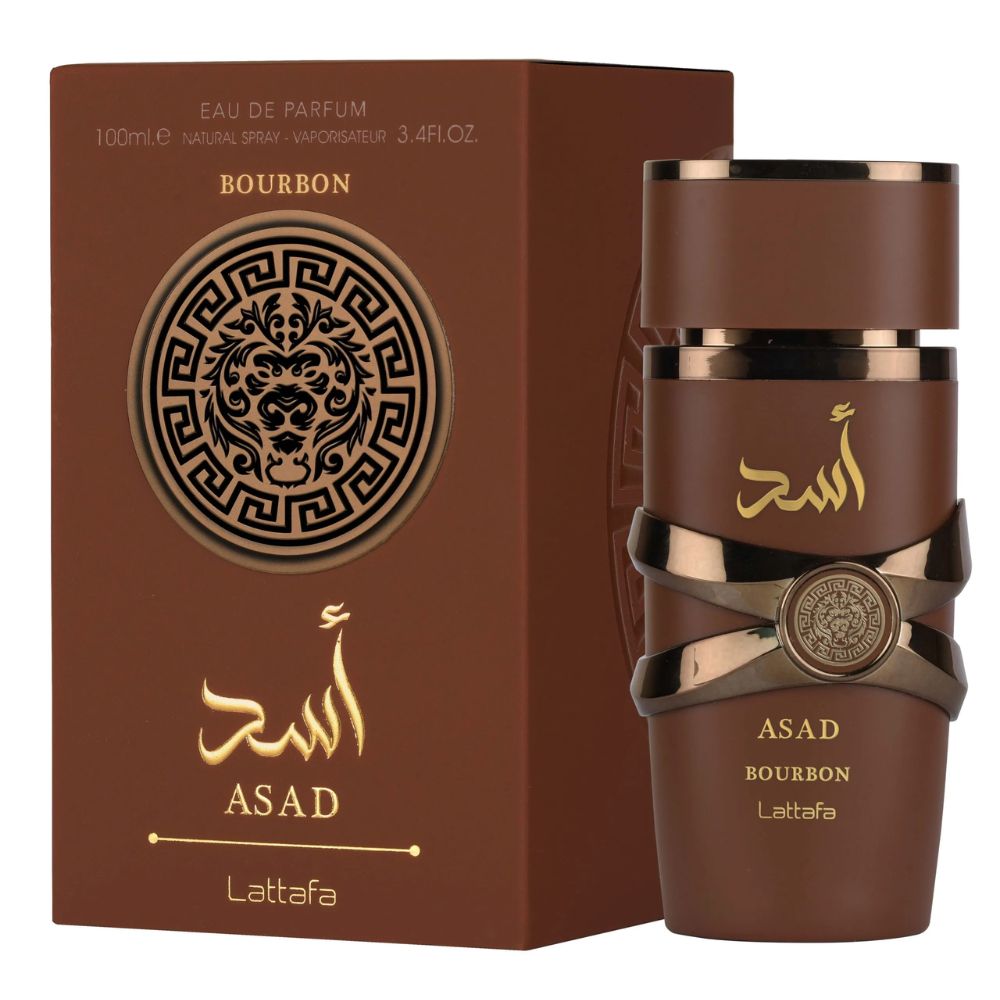 Brązowe perfumy Asad Bourbon w eleganckim flakonie z metalowym pasem i greckim ornamentem