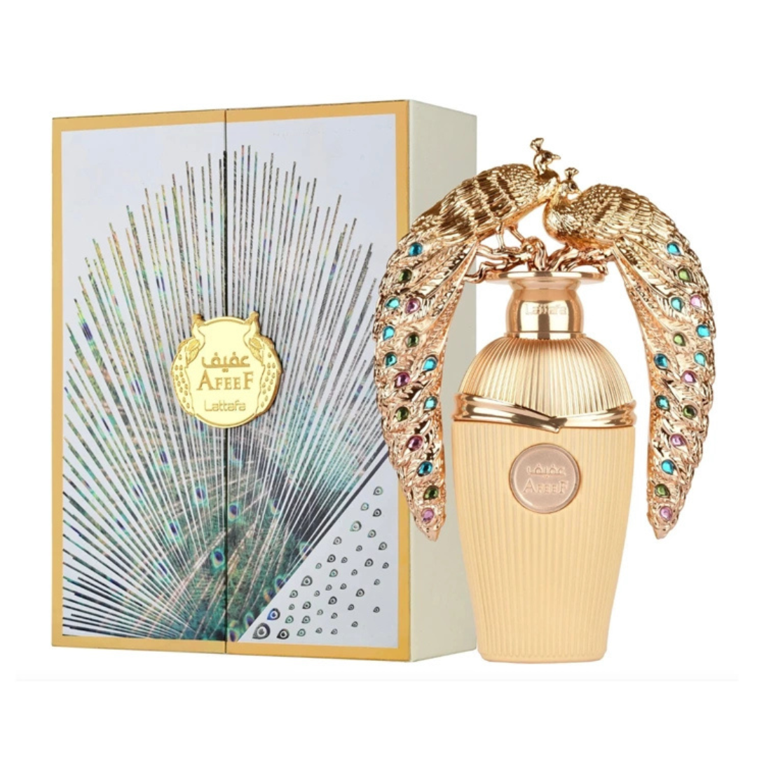 Luksusowe perfumy Afeef w złotym opakowaniu z ornamentacyjnym dozownikiem w kształcie pawia