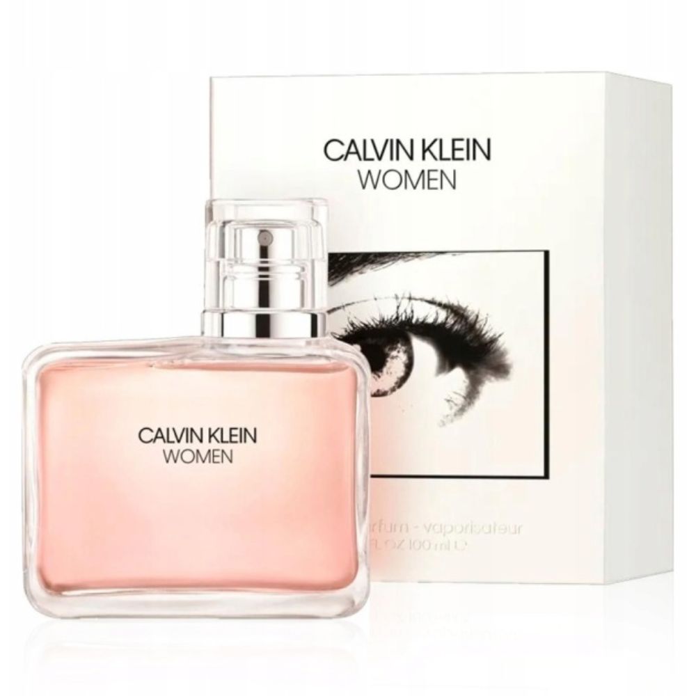 Płaska butelka różowych perfum Calvin Klein Women na tle białego pudełka z czarno-białym zdjęciem oka