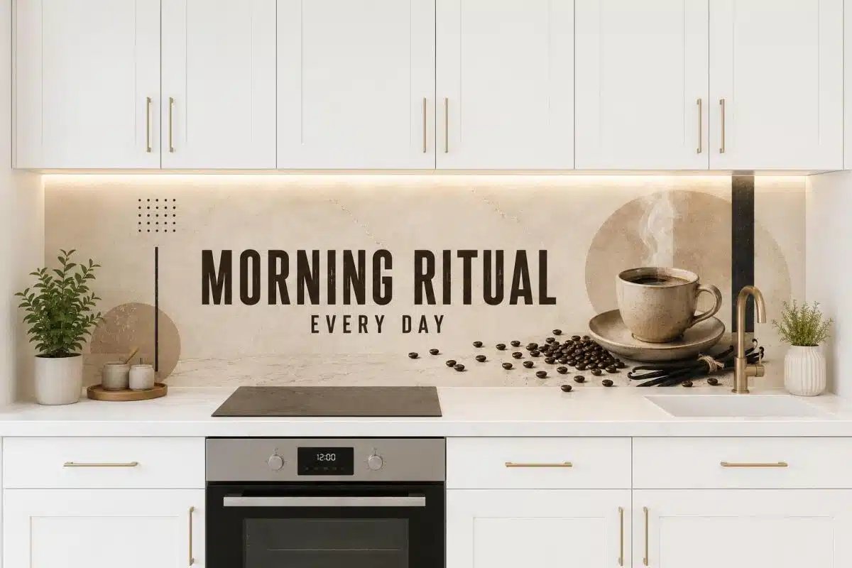 Kuchnia z białymi szafkami i escribą na ściance z napisem Morning Ritual Every Day